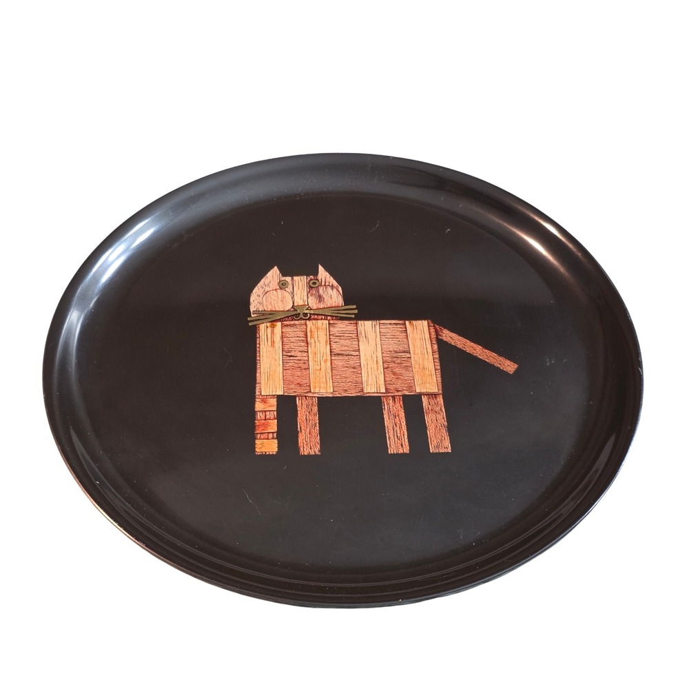 Vintage Couroc of Monterey Cat Design Serving Tray Barware Black Round 10.5"